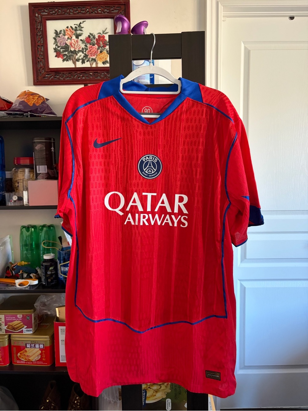 Nike Red PSG Qatar Airways Men's Soccer Jersey with Blue Trim